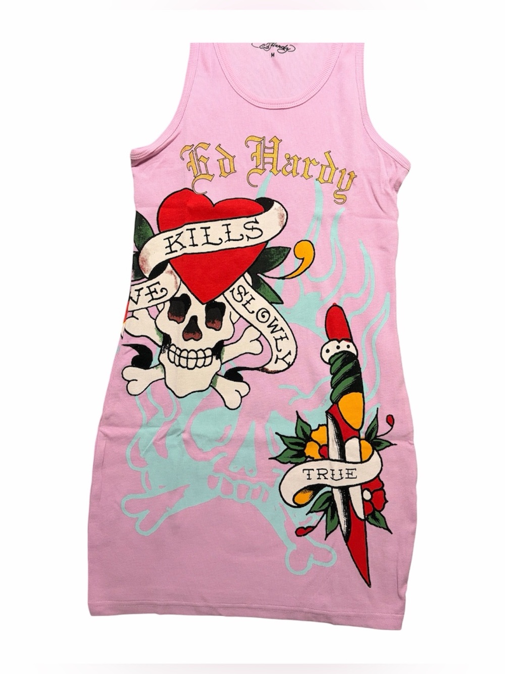 NWT ED HARDY RETRO FLASH RIB TANK DRESS PINK MEDIUM - Picture 2 of 6
